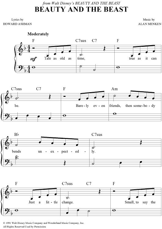 the sheet music for beauty and the beast