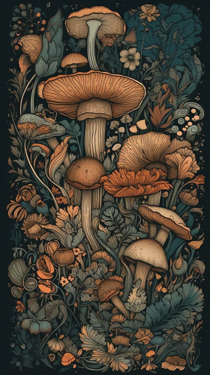 Teal, Orange, Brown, bohemian illustration of mushrooms and flowers Mushroom Phone Wallpaper, Mushroom Wallpaper, Witchy Wallpaper, Phone Wallpaper Patterns, Art Wallpaper Iphone, Mushroom Art, Pretty Wallpapers Backgrounds, Cute Wallpaper Backgrounds, Coven