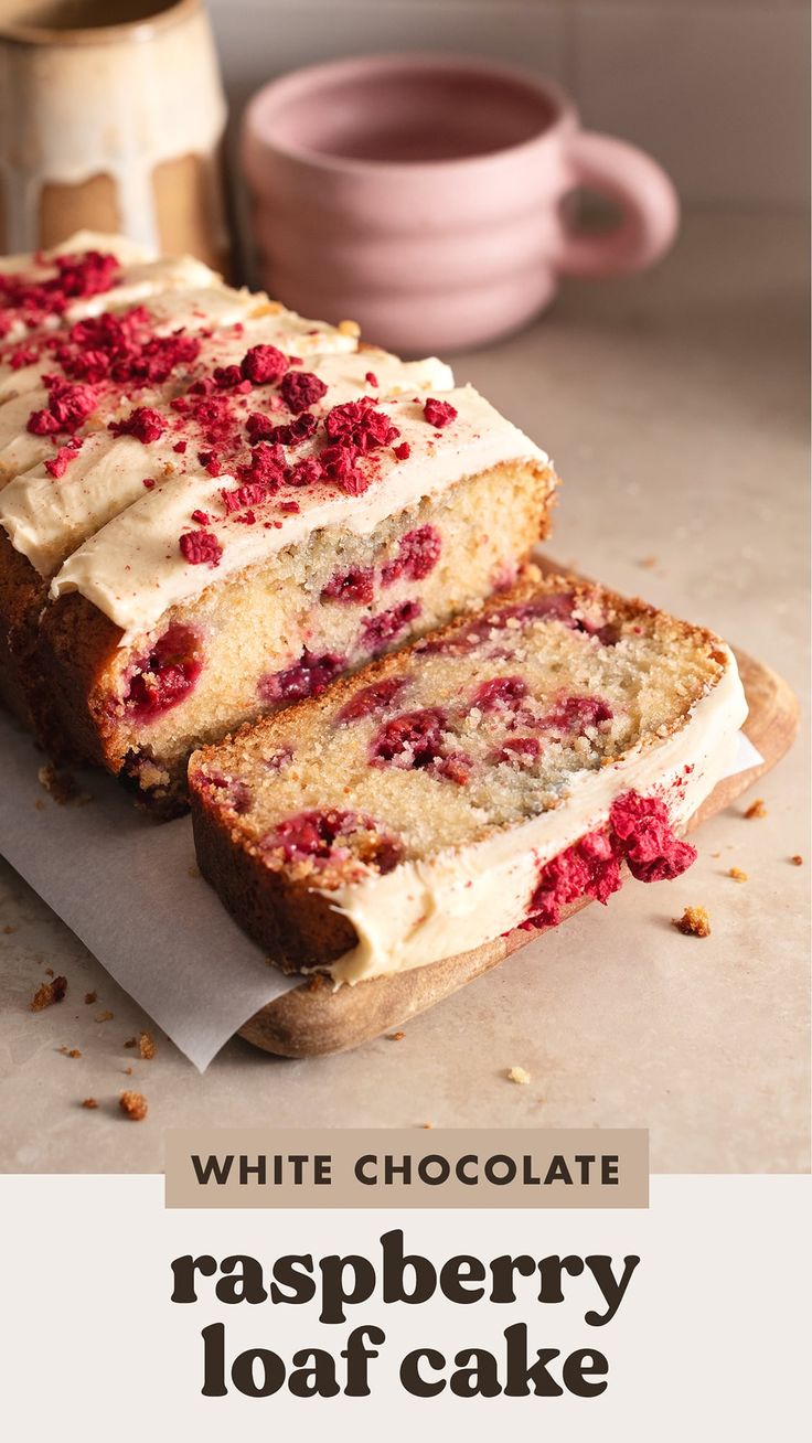 raspberry loaf cake with white chocolate frosting