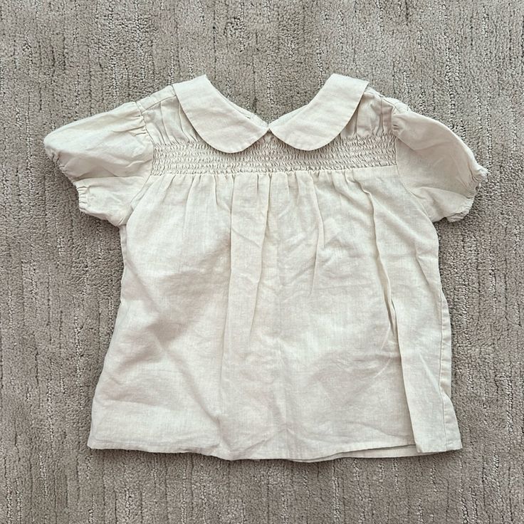 Linen Blend Olive Juice Shirt With Peter Pan Color. Never Worn Cream Summer Tops For Playtime, Collared Summer Tops For Playtime, Collared Tops For Summer Playtime, Summer Collared Tops For Playtime, Summer Playtime Collared Top, Summer Cream Tops For Playwear, Cream Summer Tops For Playwear, Cream Tops For Playwear In Summer, Cream Tops For Summer Playwear