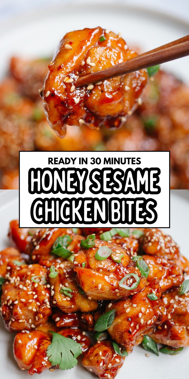 honey sesame chicken bites on a white plate with chopsticks