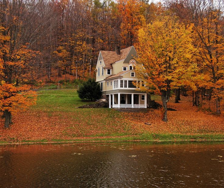 a house sitting on top of a lush green field next to a lake surrounded by trees