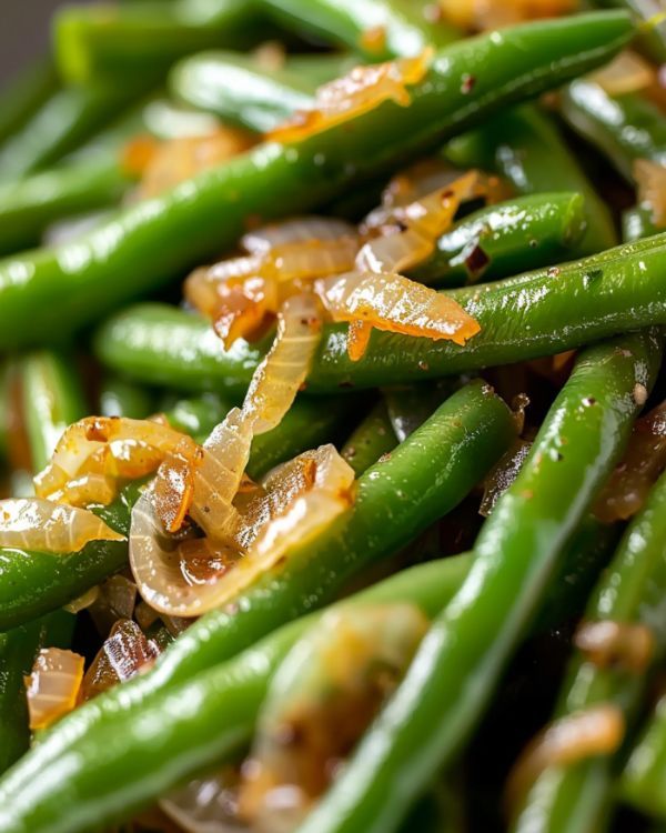 green beans with onions and orange zest on top are shown in close up view