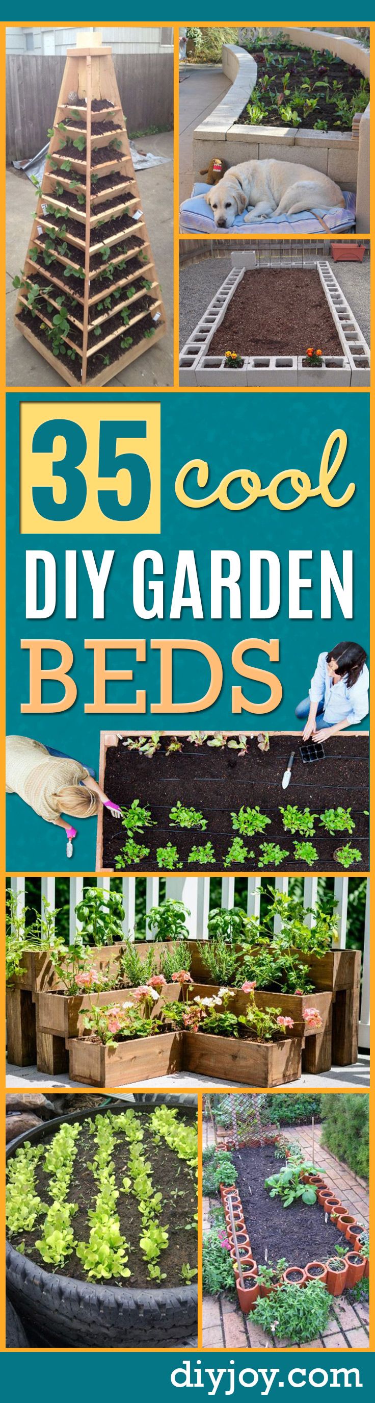 the cover of 35 cool diy garden beds with pictures of different plants in them