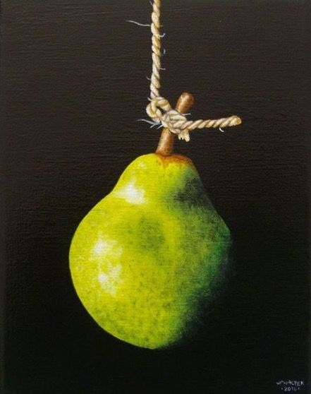 a painting of a green pear hanging from a rope on a black background with white string