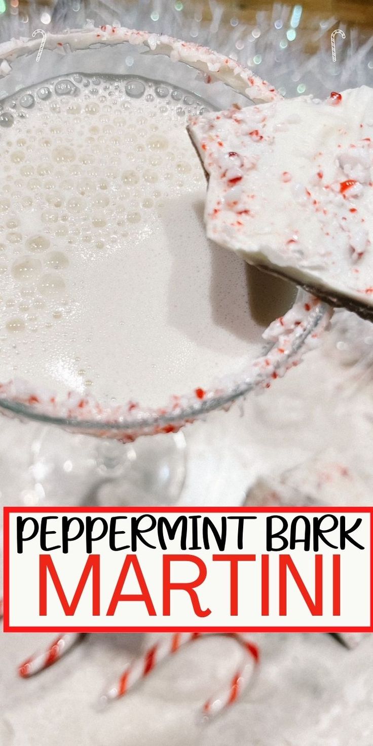 peppermint bark martini with candy canes on the rim and in a glass bowl