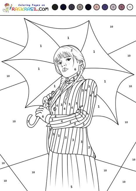 a coloring page with an image of a woman holding an umbrella in her hand and numbers on