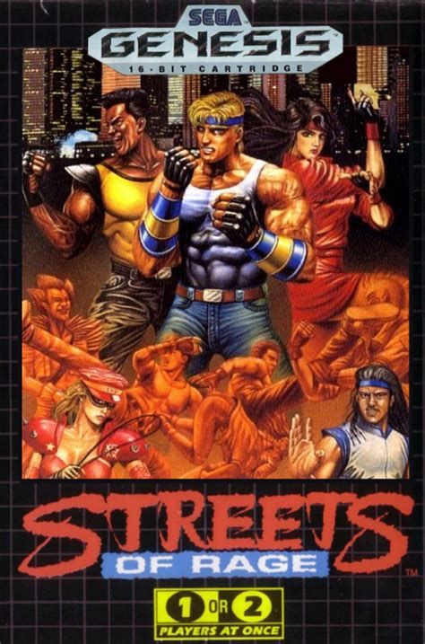 the cover art for streets of rage, featuring two men in front of an urban city