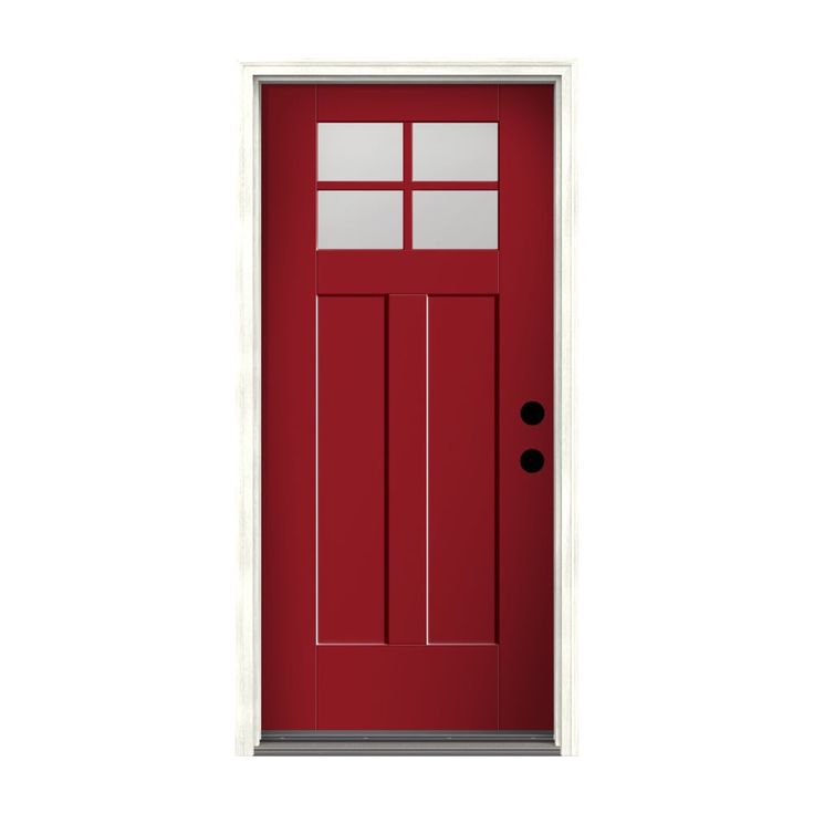 a red door with three panes on the front and side panels, is shown