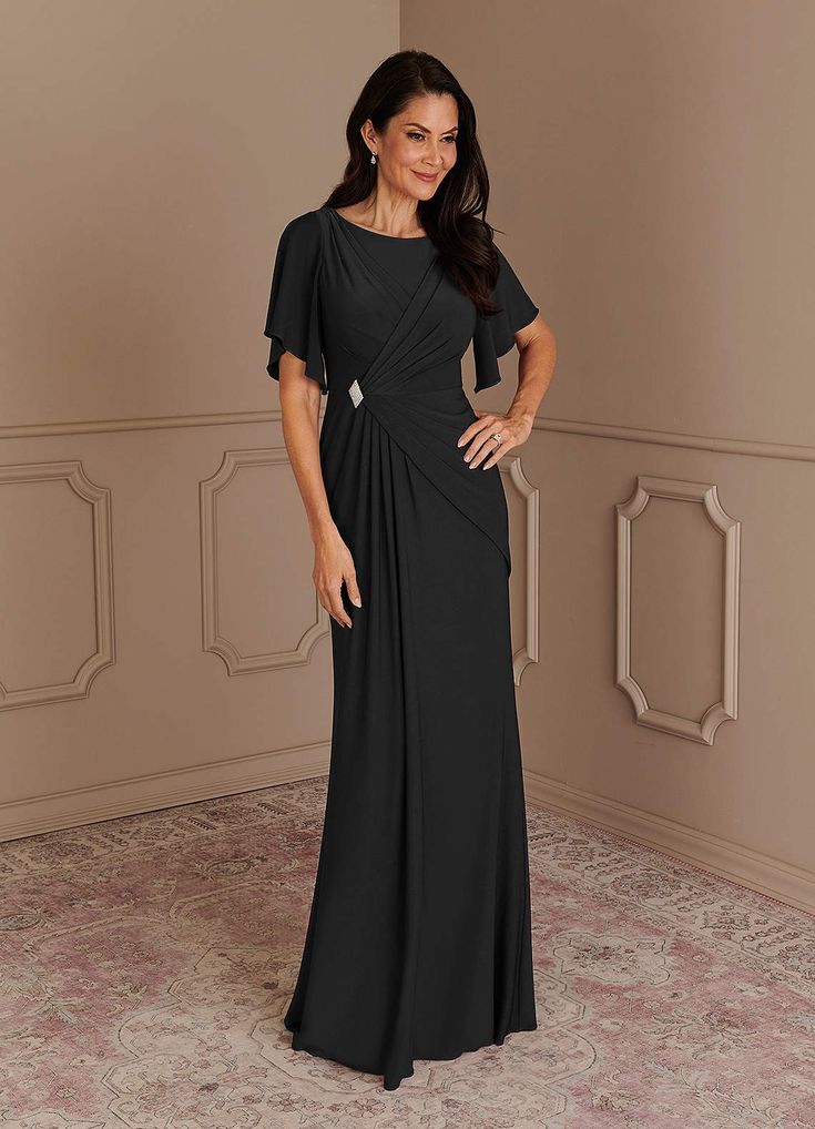 Azazie Louanne Black Mermaid Boatneck Pleated Luxe Knit Dress | Azazie Mother Of The Groom Looks, Grooms Mom Dress, Mother Of Groom Outfits, Grandma Dress, Boho Mother, Dress Mother Of The Bride, Mother Of The Bride Dresses Long, Mother Of Groom Dresses, Bride Groom Dress