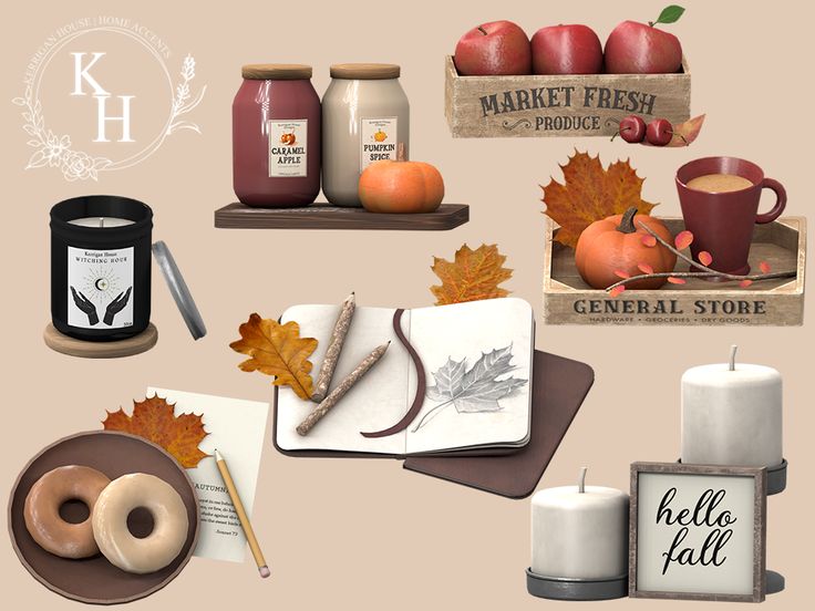 an assortment of fall items including apples, cinnamons, coffee cups and other items