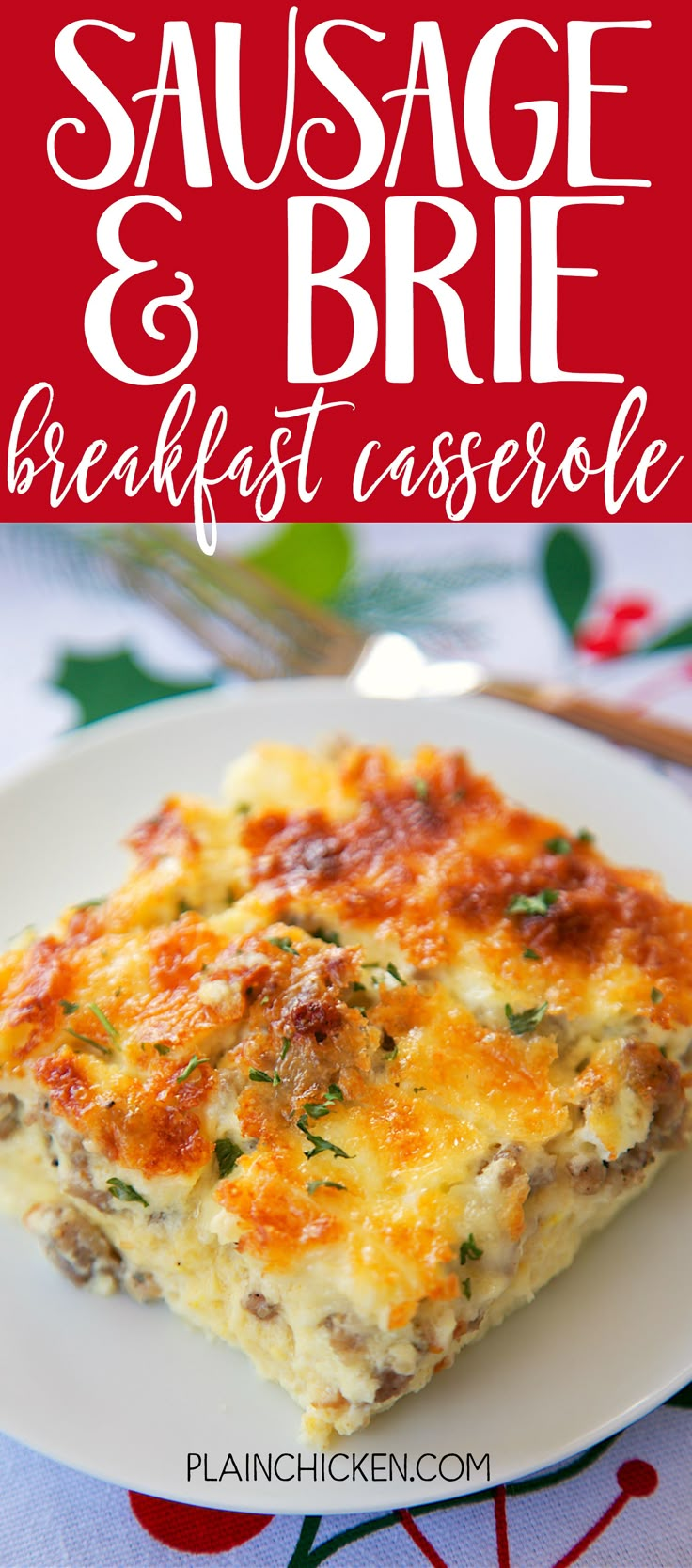 sausage and brie breakfast casserole on a white plate with text overlay