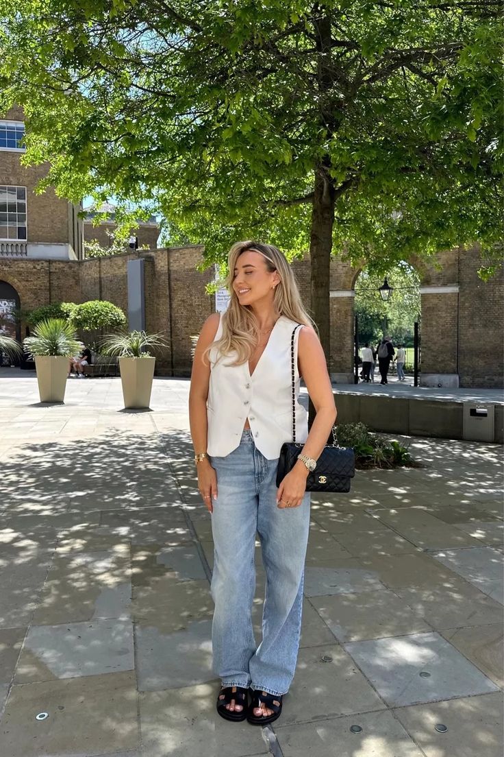 BOUNTY WHITE VEST curated on LTK White Waistcoat, White Vest, Black Accessories, Vest White, Jeans White, Smart Casual, Jean Outfits, Summer Looks, Spring Outfit