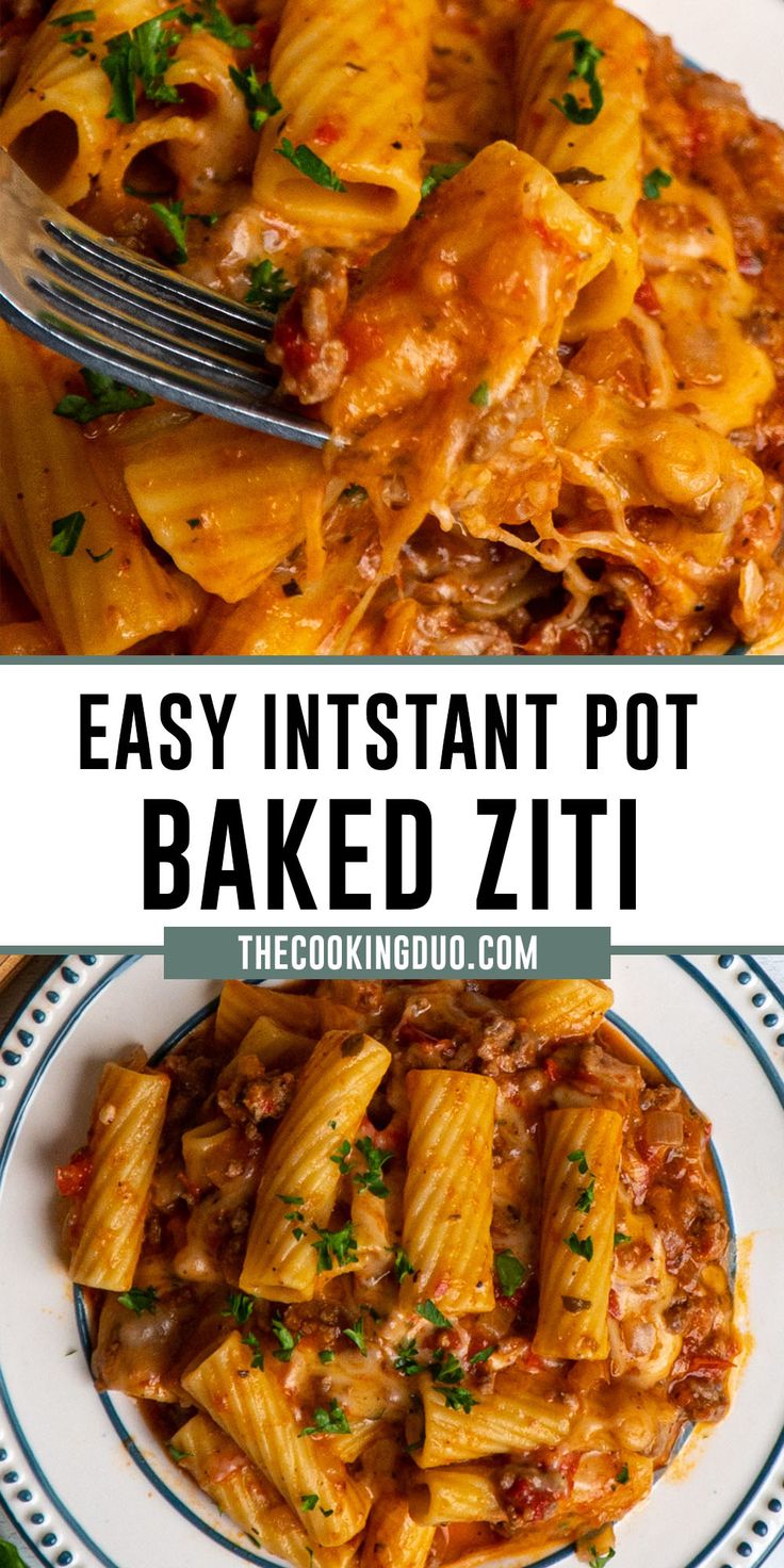 close up of baked ziti on a fork. Baked Ziti With Meat, Instant Pot Baked Ziti, Easy Baked Ziti, Ziti Recipe, Instant Pot Pasta Recipe, Ziti Pasta, Ziti Recipes, Baked Ziti Recipe, Hot Italian Sausage