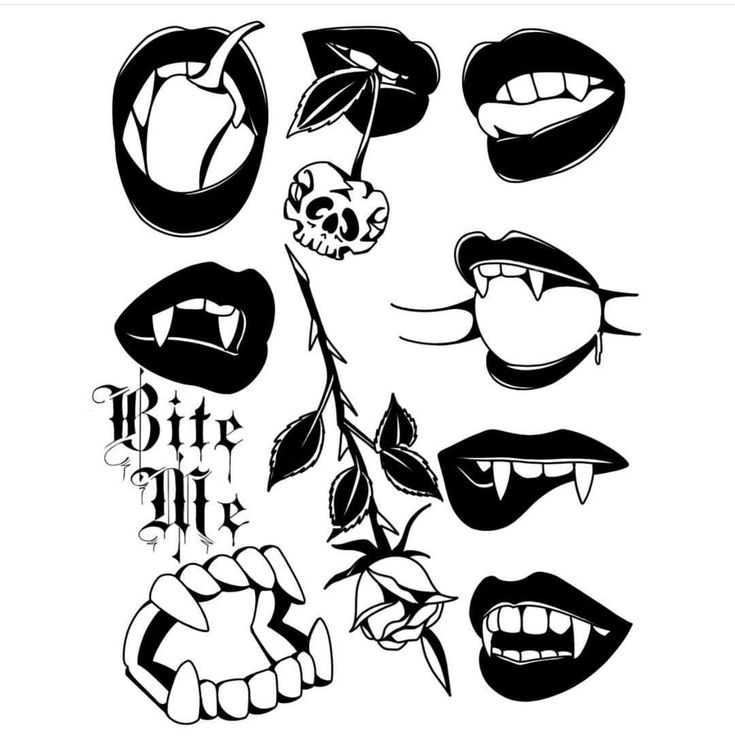 various black and white images of mouths with teeth, leaves and flowers on them are featured in this image