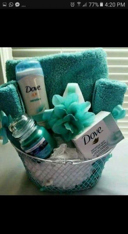 a basket filled with personal care items on top of a table