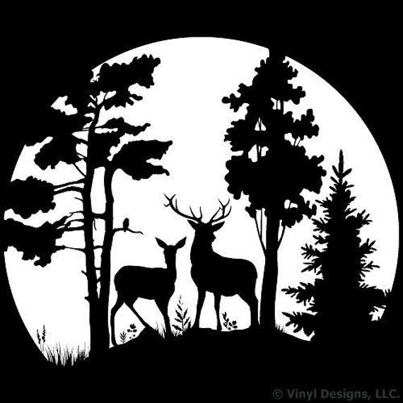 two deers in the woods under a full moon with trees silhouetted against it