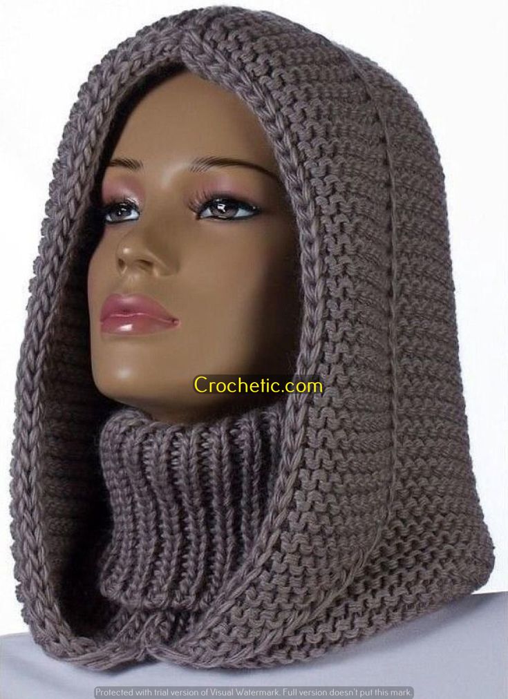 a mannequin head wearing a gray knitted cowl with a hood on it