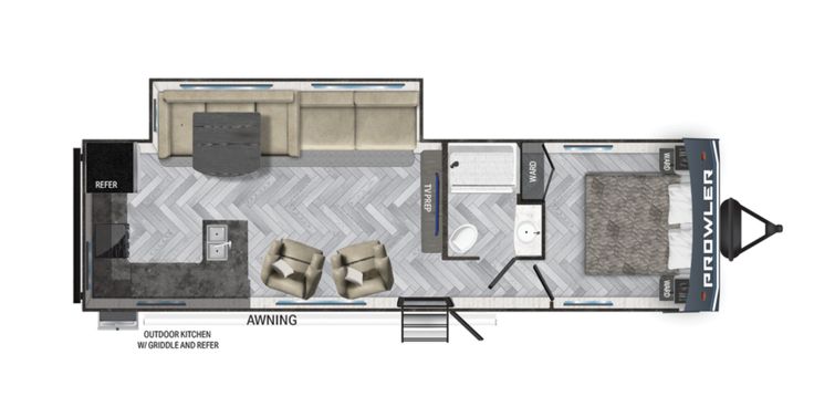 the floor plan for a travel trailer with two couches and an open kitchen area