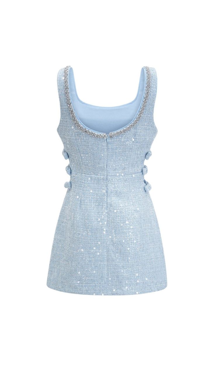 Elevate your style with our Blue Bouclé Cut Out Mini Dress. Crafted from luxurious bouclé fabric in a stunning shade of blue, this dress exudes sophistication and contemporary style. The unique cut-out detailing adds a modern edge, while the form-fitting silhouette highlights your curves in all the right places. logo at the back label, sequin details back zipper closure sleeveless round neck mini dress Main fabric : 87% Polyester / 12% Viscose / 1% Metallic fiber / Yarn 1 : 100% Polyamide / Yarn 2 : 100% Polyester / Lining : 100% Polyester Colour may vary due to lighting on images. The product images (without model) are closest to the true colour of the product.Item runs true to size chart and is cut to suit our size chart. Please refer to our size chart for the best fit. Do not size up or Light Blue Mini Dress For Evening, Spring Party Tweed Dress, Mini Length, Spring Party Mini Length Tweed Dress, Chic Light Blue Cocktail Mini Dress, Spring Party Mini Tweed Dress, Chic Blue Tweed Summer Dress, Chic Light Blue Evening Mini Dress, Blue Sleeveless Tweed Dress For Spring, Fitted Blue Tweed Summer Dress