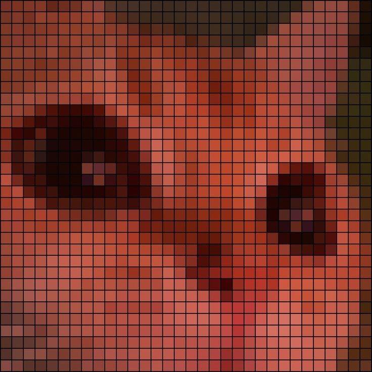 an image of a cat's face made up of squares and dots in red