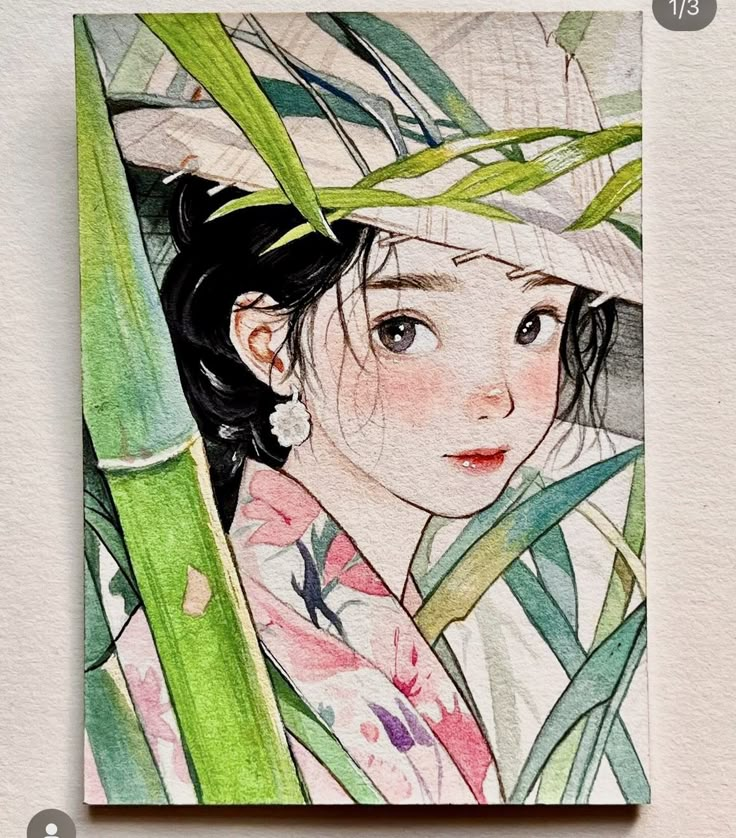 a watercolor painting of a woman in a kimono with bamboo leaves on her head