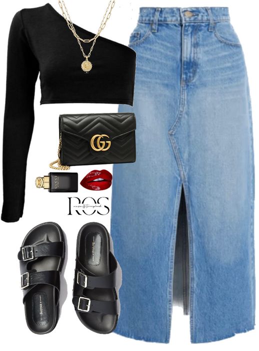 Gucci Diana Bag Outfit, Edgy Denim Skirt Outfit, Aesthetic Denim Skirt Outfit, Denim Skirt Styling, Gucci Handbags Outfits, Gucci Denim Bag, Outfits With Denim Skirt, Denim Skirt Outfit Summer, Denim Skirt Outfits