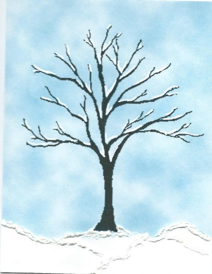 a painting of a tree with no leaves in the snow on a blue sky background