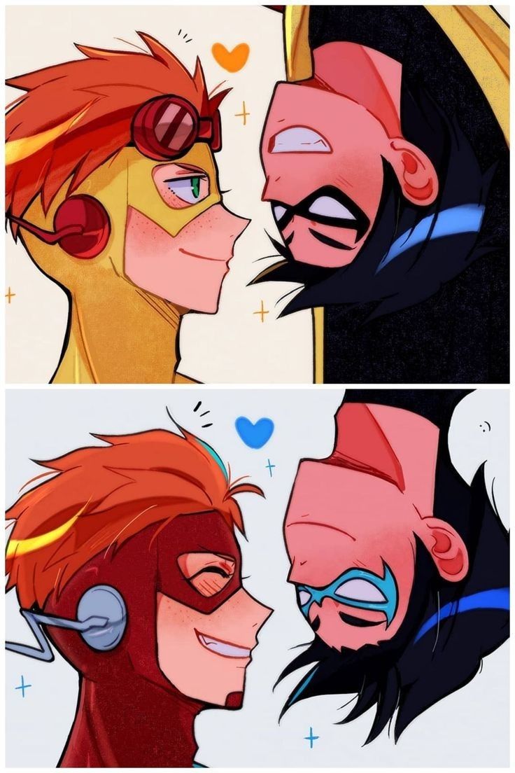 two cartoon faces, one with red hair and the other with blue eyes are facing each other