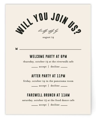 a party card with the words will you join us? in black ink on white paper