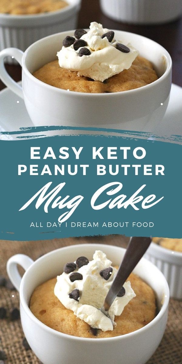 easy keto peanut butter mug cake with whipped cream and chocolate chips in the middle