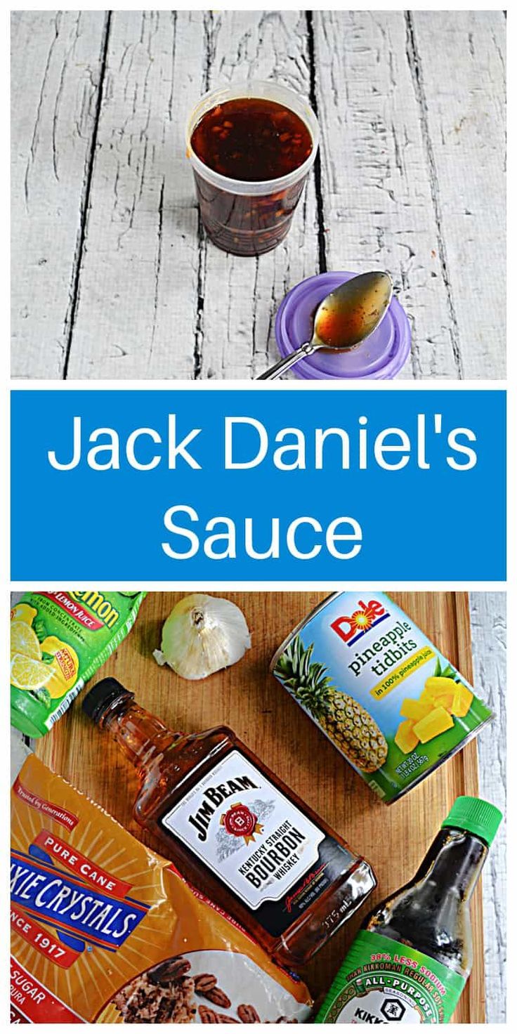 jack daniels's sauce on a cutting board with ingredients for the recipe and spoon