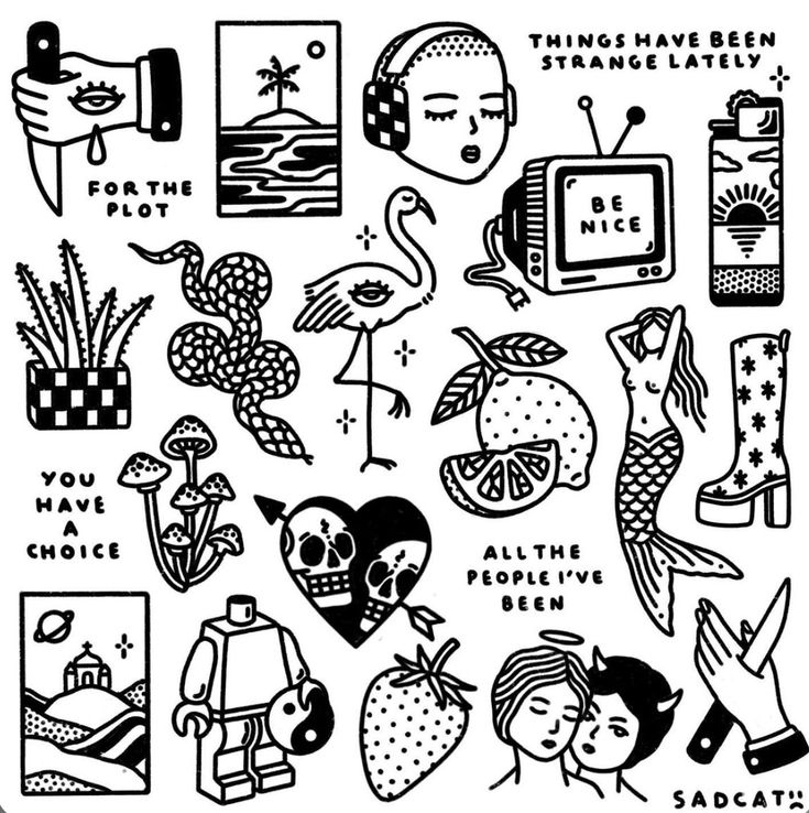 a black and white drawing of different things