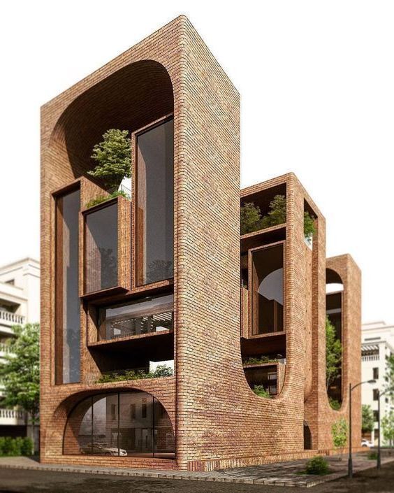 an architectural rendering of a brick building with trees growing out of the windows