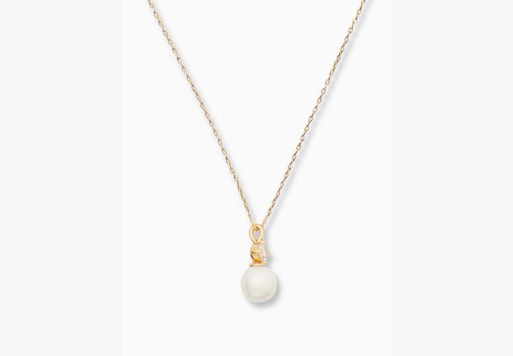 Pearls Of Wisdom Mini Pendant Necklace | KATE SPADE OUTLET White Rhinestone Necklace With Pearl Chain For Gift, Gift White Rhinestone Necklace With Pearl Chain, Dainty Metal Jewelry With Pearl Pendant, Elegant Kate Spade Necklace With Adjustable Chain, Gift Rhinestone Necklace With Pearl Chain, Metal Rhinestone Necklace With Pearl Chain As Gift, Round Pearl Necklace With Lobster Clasp, White Pearl Chain Charm Necklace In Metal, White Cubic Zirconia Jewelry With Adjustable Chain