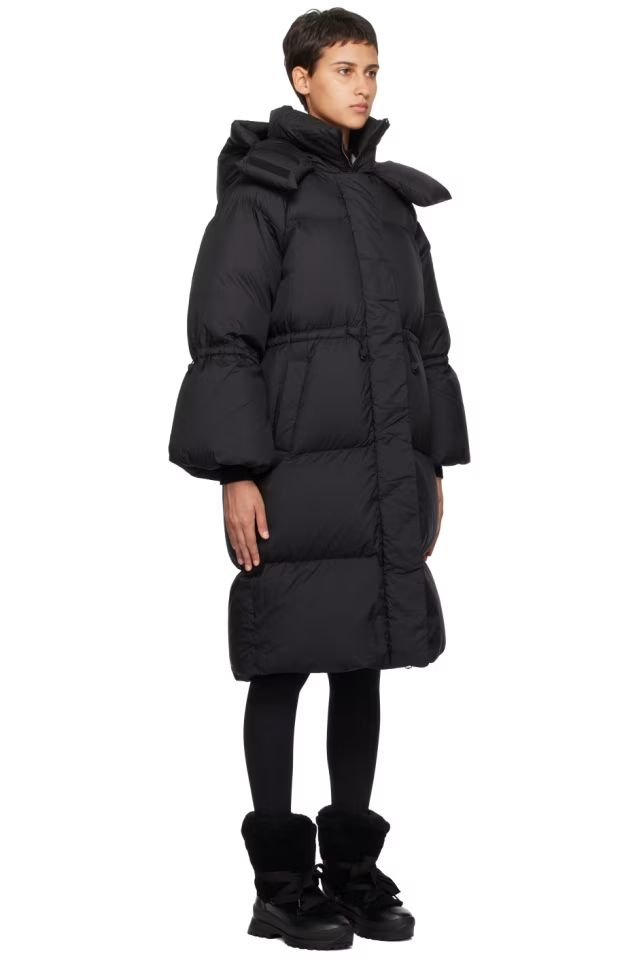 MACKAGE: Black Lenzi Down Jacket | SSENSE Black Nylon Puffer Jacket With Drawstring Hood, Functional Nylon Puffer Jacket With Drawstring Hood, Nylon Parka With Padded Collar For Cold Weather, Cold Weather Nylon Parka With Padded Collar, Detachable Hood, Funnel Neck, Knit Cuff, Puffer Jacket, Raglan Sleeve