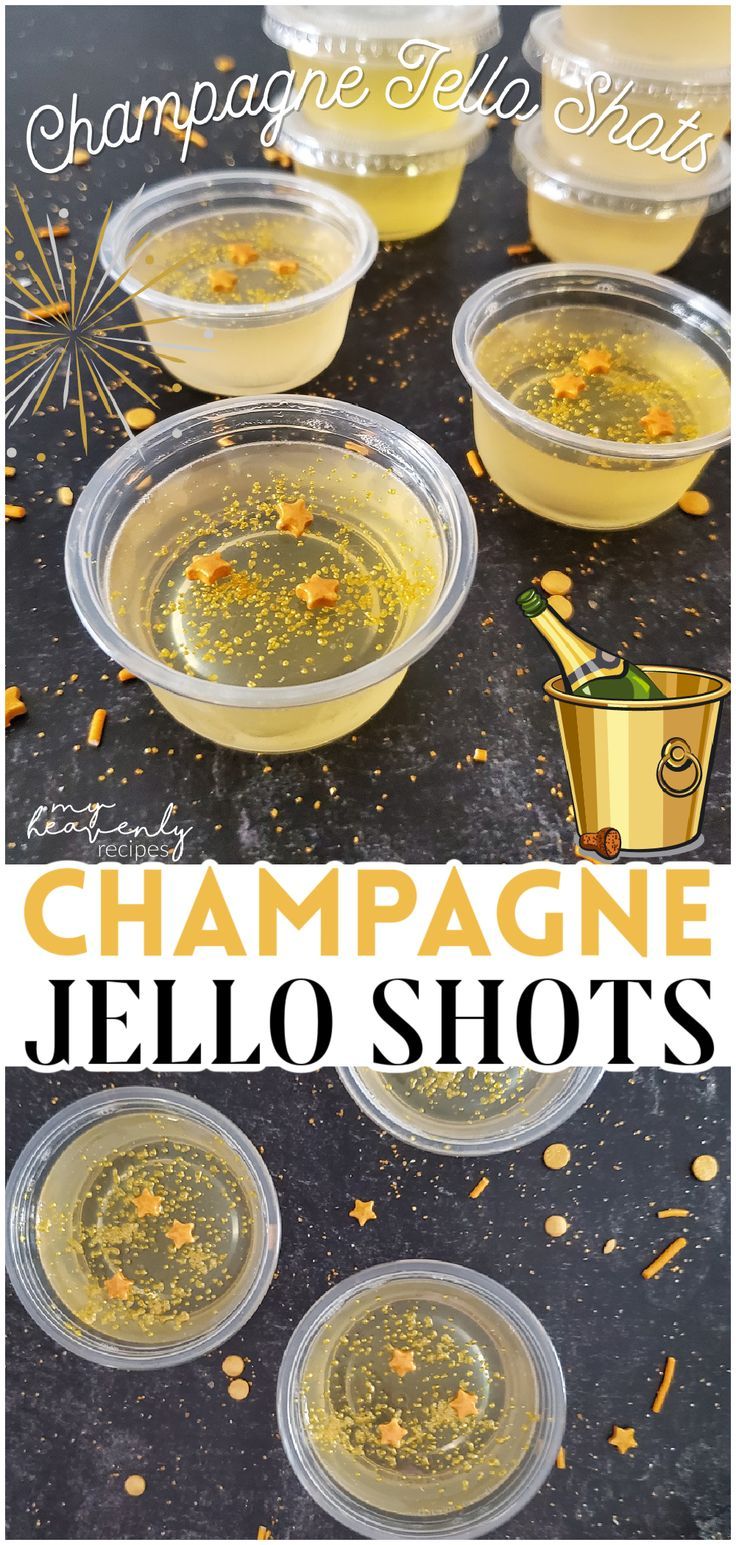 champagne jello shots in plastic cups with the words champagne jello shots above them