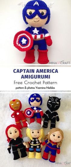 crochet captain america amigurma pattern is shown in three different colors and sizes