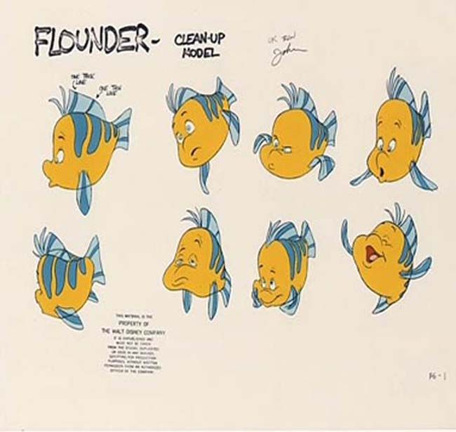 an animation character sheet for the animated film flounder, with various facial expressions