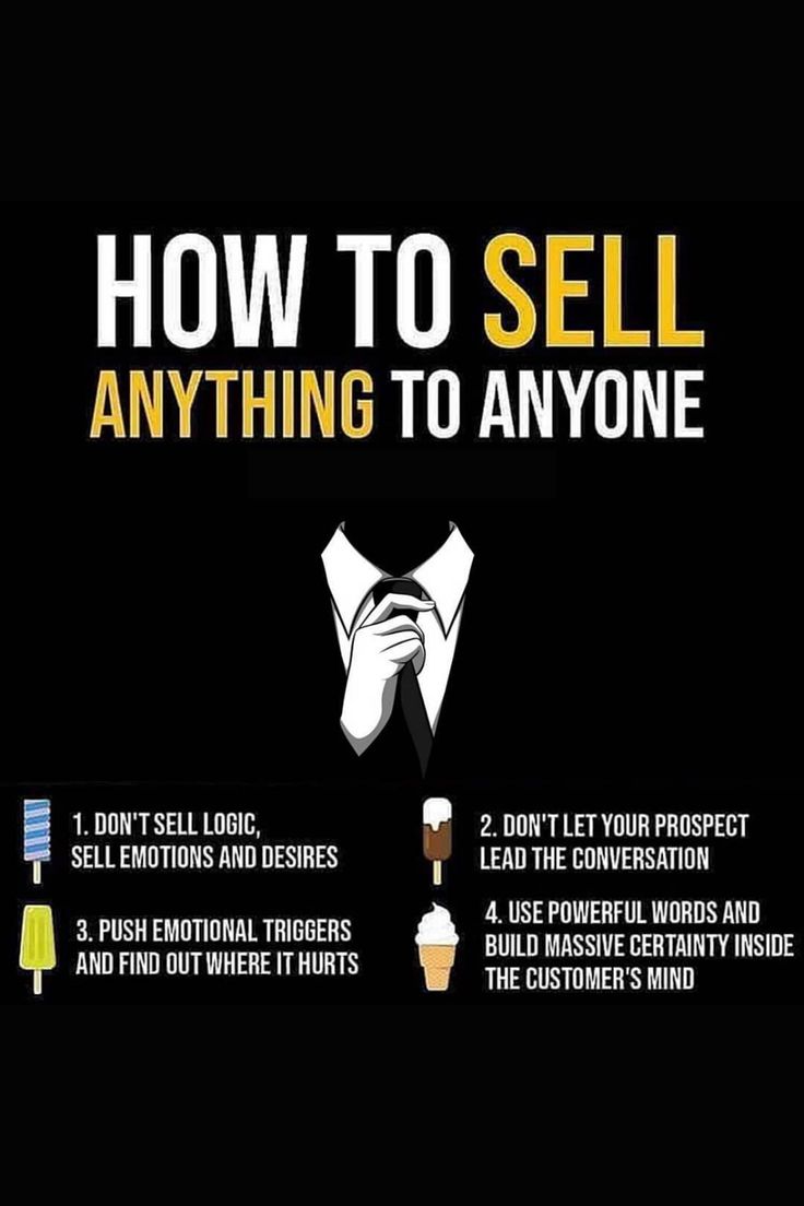 how to sell anything to anyone poster on black background with instructions for selling items in store