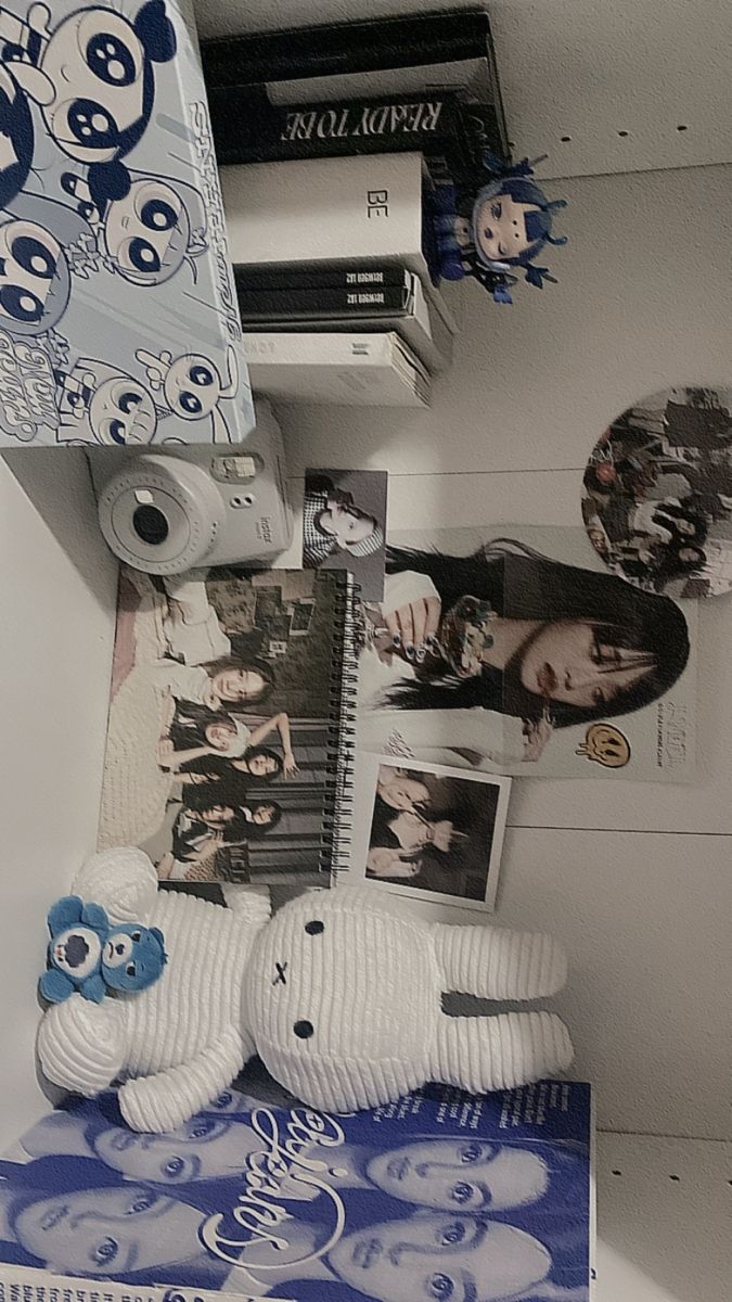 a stuffed animal sitting on top of a blue and white table cloth covered book shelf