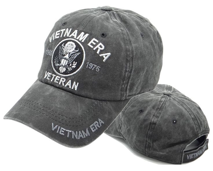 US Vietnam War ERA Veteran tan Hat, 1960 to 1975 Embroidered letters Celebrates the service of Vietnam ERA Veterans Adjustable strap to fit most adults, men and some women Pre-curved bill. Structured, low-profile crown, button top and sewn eyelets for ventilation Durable, soft brushed Cotton Subdued grey, black and silver colors Vintage Black Baseball Cap With Letter Print, Vintage Snapback Hat With Letter Print And Curved Brim, Vintage Letter Print Dad Hat, Vintage Trucker Hat With Letter Print And Curved Brim, Vintage Adjustable Dad Hat With Letter Print, Vintage Baseball Cap With Letter Print, Vintage Dad Hat With Letter Print, Vintage Letter Print Baseball Cap, Vintage Military Cap