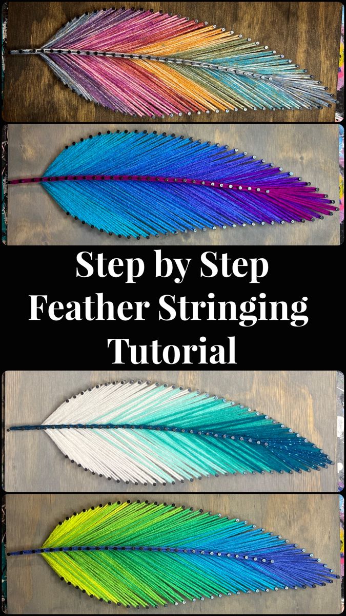 three different colored feathers with the words step by step feather stringing tutor on them