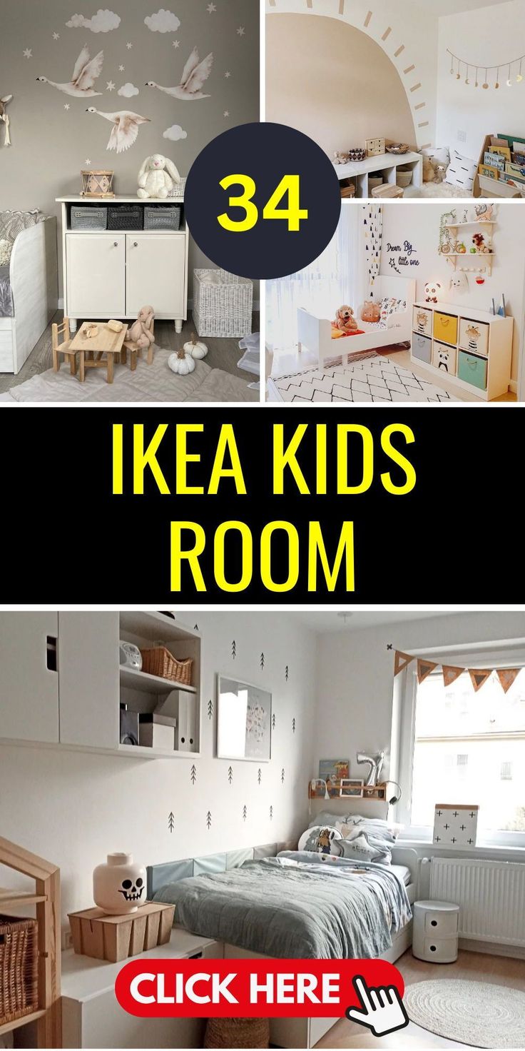 there are pictures of kids's bedroom with the words, 34 ikea kids room click here