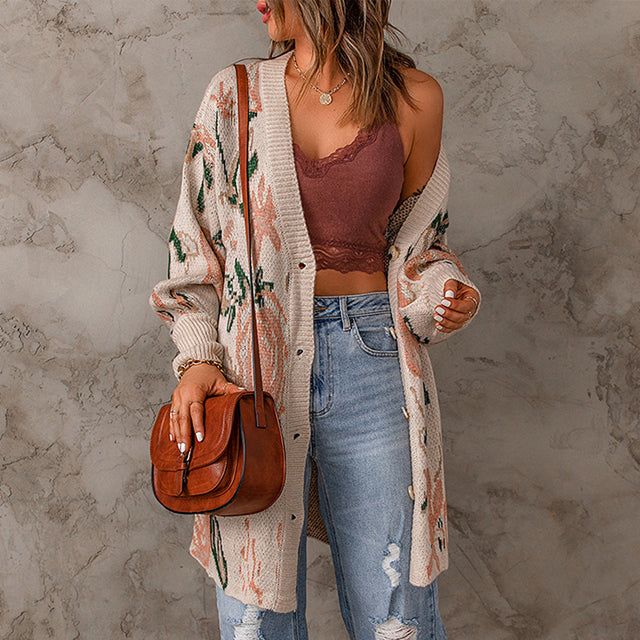 Floral Print Knitted Cardigan – PrincessAce Floral Cardigan Outfit, Spring Cardigan, Casual Street Wear, Floral Type, Curve Fashion, Floral Cardigan, Floral Knit, Cardigan Long, Floral Style