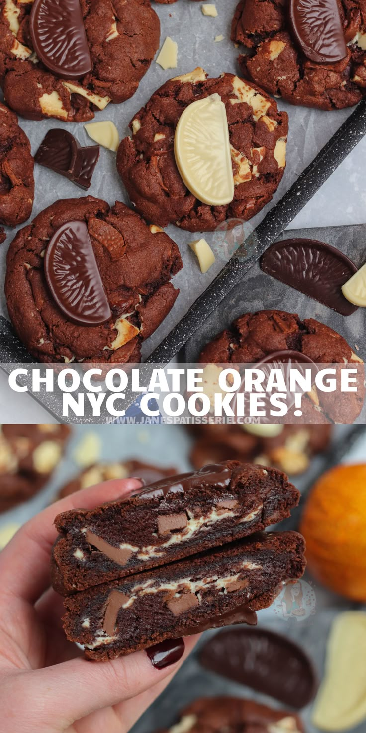 Gooey, Thick, GIANT Chocolate Orange NYC Cookies! Christmas Nyc Cookies, Janes Patisserie Cookies, Nyc Cookies Recipe, Orange Chocolate Cookies, Chocolate Orange Desserts, Cookies Orange, Nyc Cookies, Thick Cookies, Chocolate Orange Cookies