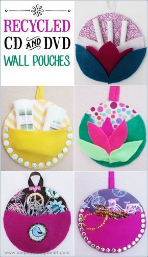 several images of various crafts with the words recycled cd and dvd wall pouches on them