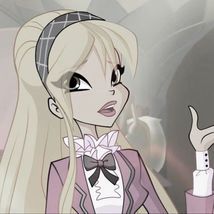 a cartoon girl with long blonde hair wearing a bow tie and holding a bottle in her hand