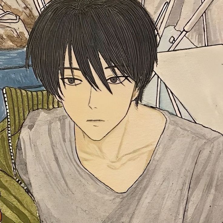 a drawing of a young man with black hair