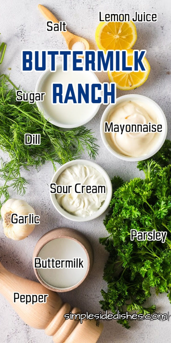 the ingredients for buttermilk ranch laid out on a white surface with text overlay